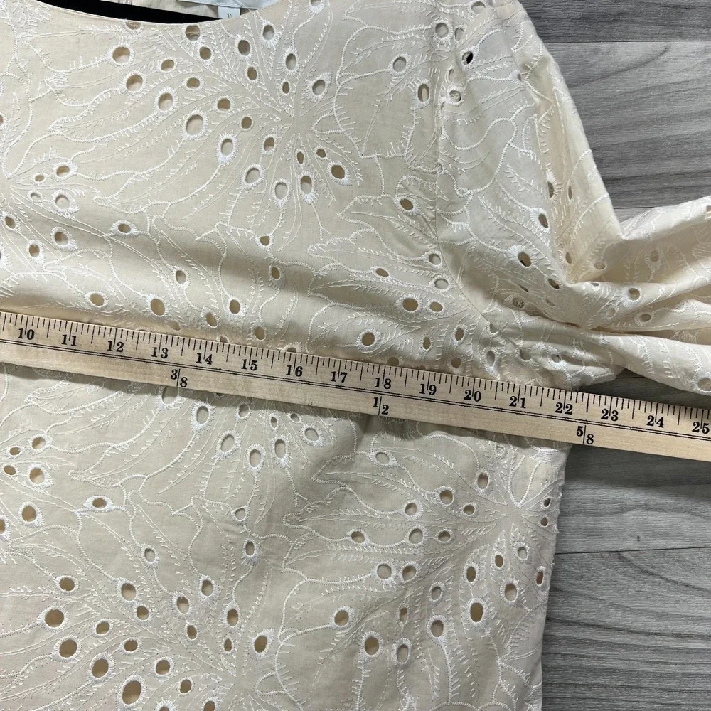 Preston‎ & York Sheath Dress Women's Size 16 Beige 3/4 Sleeve Eyelet Embroidered